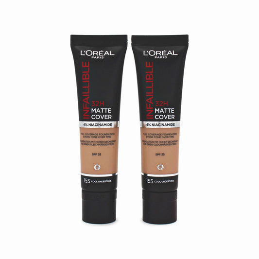 2 x L'Oreal 32hr Matte Foundation 30ml 155 Cool Undertone - Imperfect Container