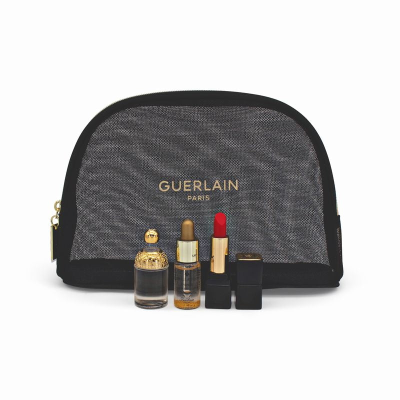 Guerlain Lipstick, Fragrance & Serum 3 Piece Travel Set Black Bag - Imperfect Box